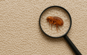 Flea on magnifying glass on carpet